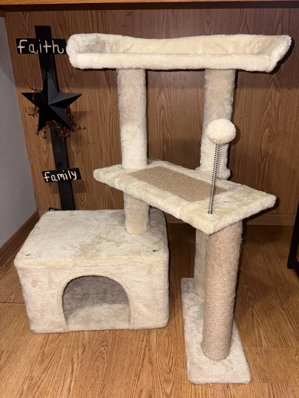 Plush Cream Cat Tree with Condo & Scratching Post